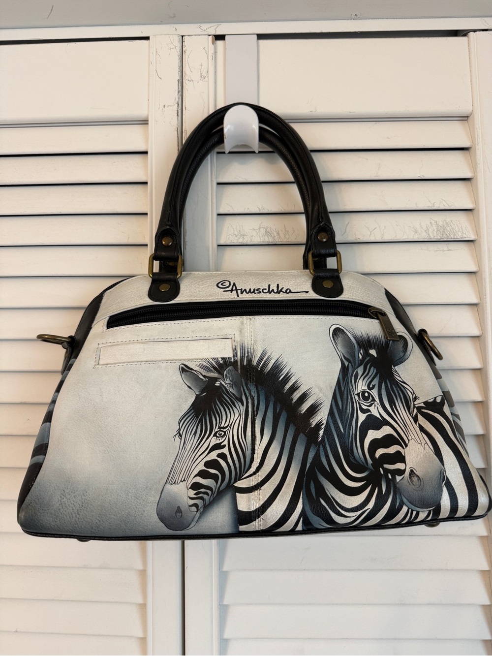 Anuschka Zebra Hand Painted Leather Top Handle Crossbody Purse Safari